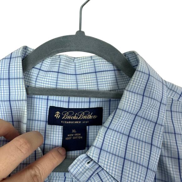 Brooks Brothers Non-Iron Short Sleeve Button Down Shirt Blue Windowpane Check XL - Picture 2 of 6
